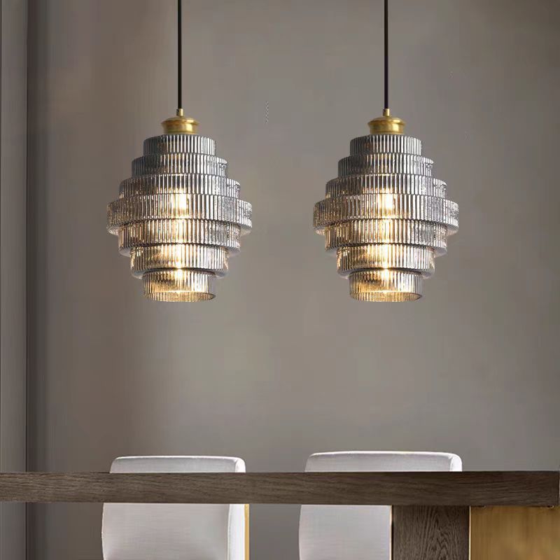 Contemporary Nordic Round Striped Glass 1-Light Pendant Light For Living Room