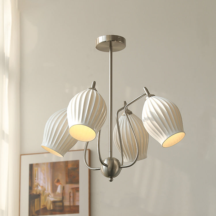 Traditional French Hardware Curved Rod Striped Ceramic Shade 4/6/8 Light Chandelier For Living Room