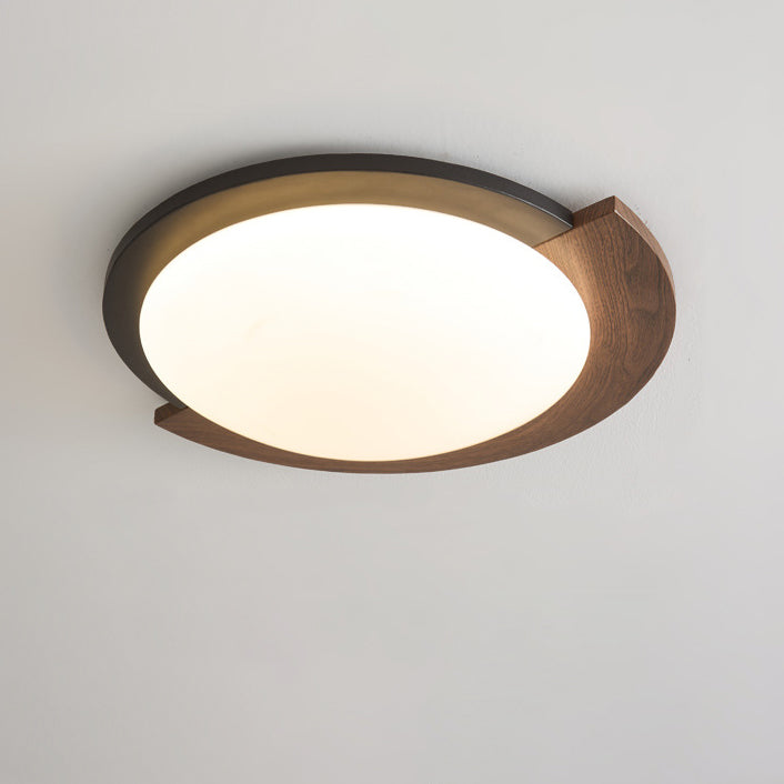 Contemporary Retro Round Wood Grain Iron Frame Acrylic Shade LED Flush Mount Ceiling Light For Living Room