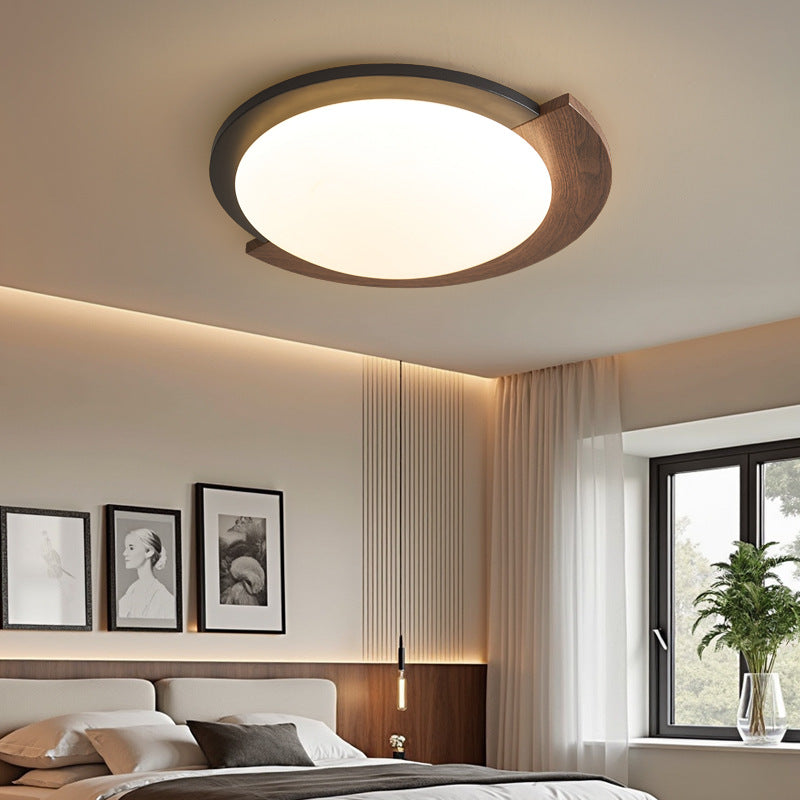 Contemporary Retro Round Wood Grain Iron Frame Acrylic Shade LED Flush Mount Ceiling Light For Living Room