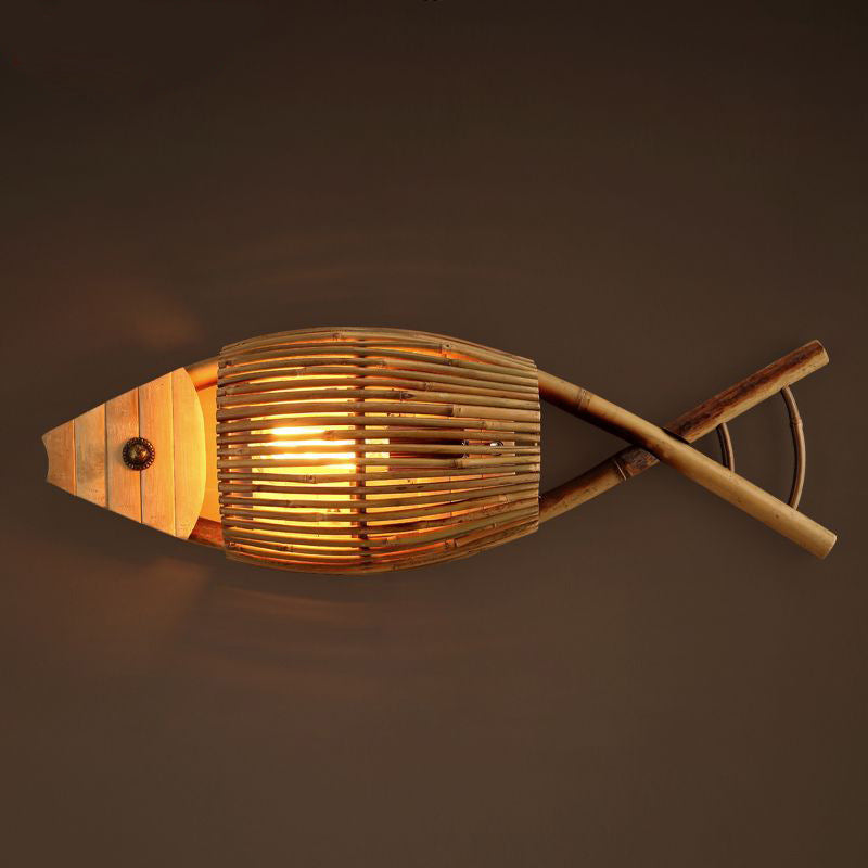 Traditional Chinese Fish Shape Solid Wood Bamboo 1-Light Wall Sconce Lamp For Living Room