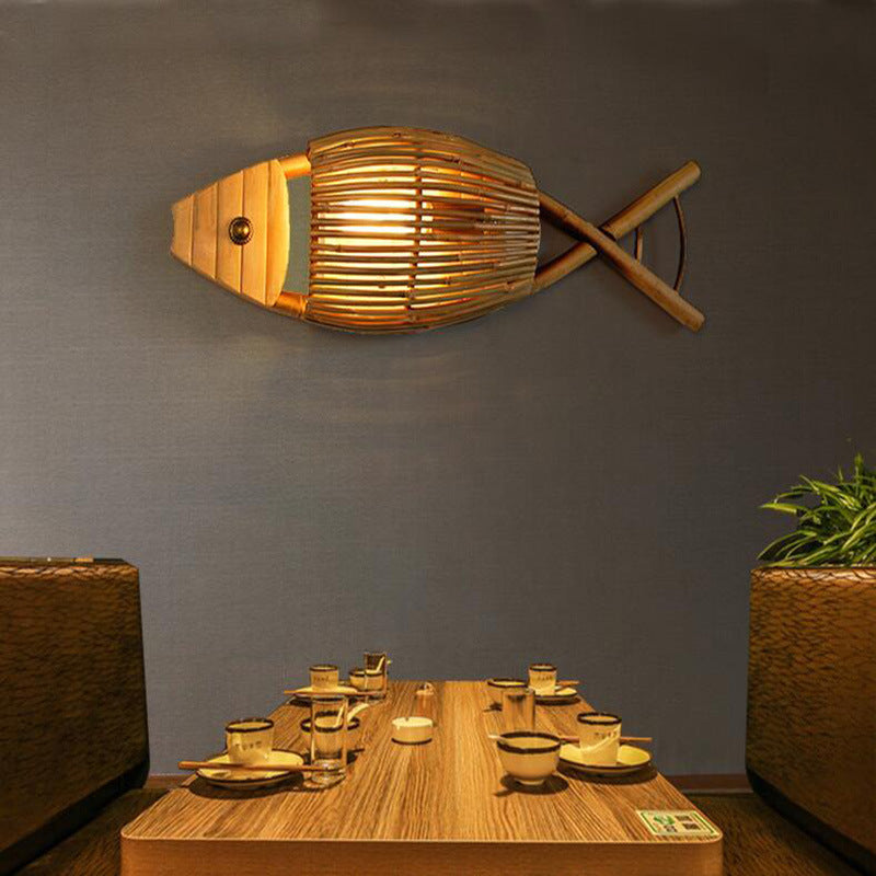 Traditional Chinese Fish Shape Solid Wood Bamboo 1-Light Wall Sconce Lamp For Living Room
