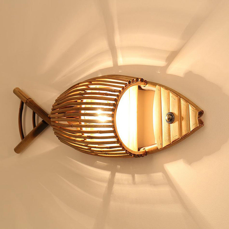 Traditional Chinese Fish Shape Solid Wood Bamboo 1-Light Wall Sconce Lamp For Living Room
