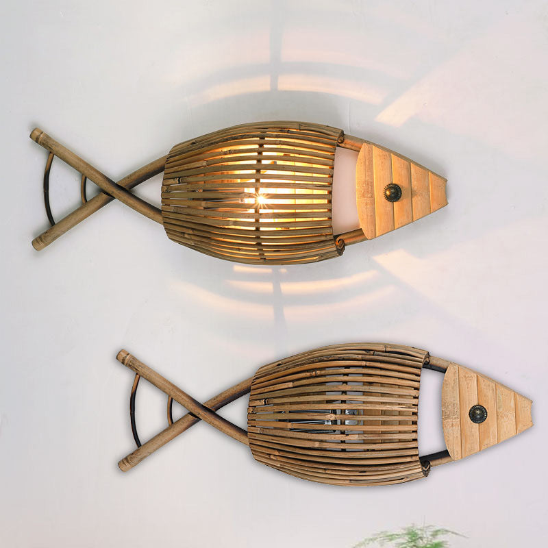 Traditional Chinese Fish Shape Solid Wood Bamboo 1-Light Wall Sconce Lamp For Living Room