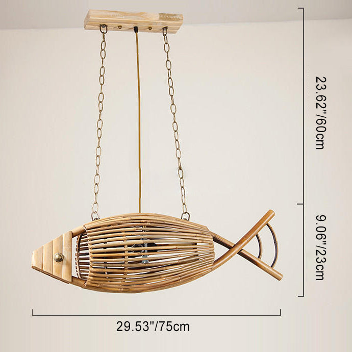 Traditional Chinese Fish Shape Solid Wood Bamboo 1-Light Island Light Chandelier For Dining Room