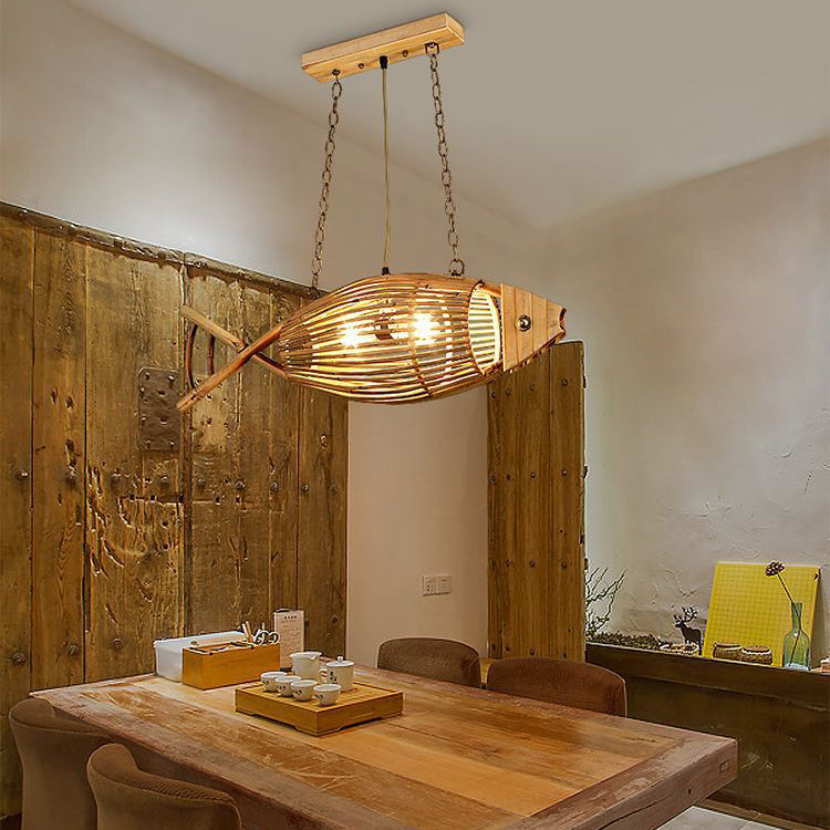 Traditional Chinese Fish Shape Solid Wood Bamboo 1-Light Island Light Chandelier For Dining Room