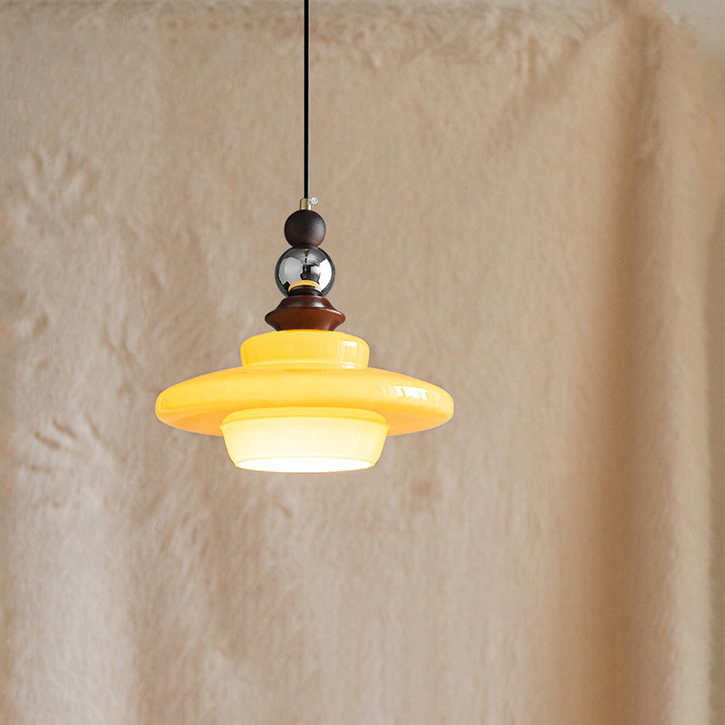 Contemporary Retro Round Disc Orb Solid Wood Glass 1-Light Pendant Light For Living Room