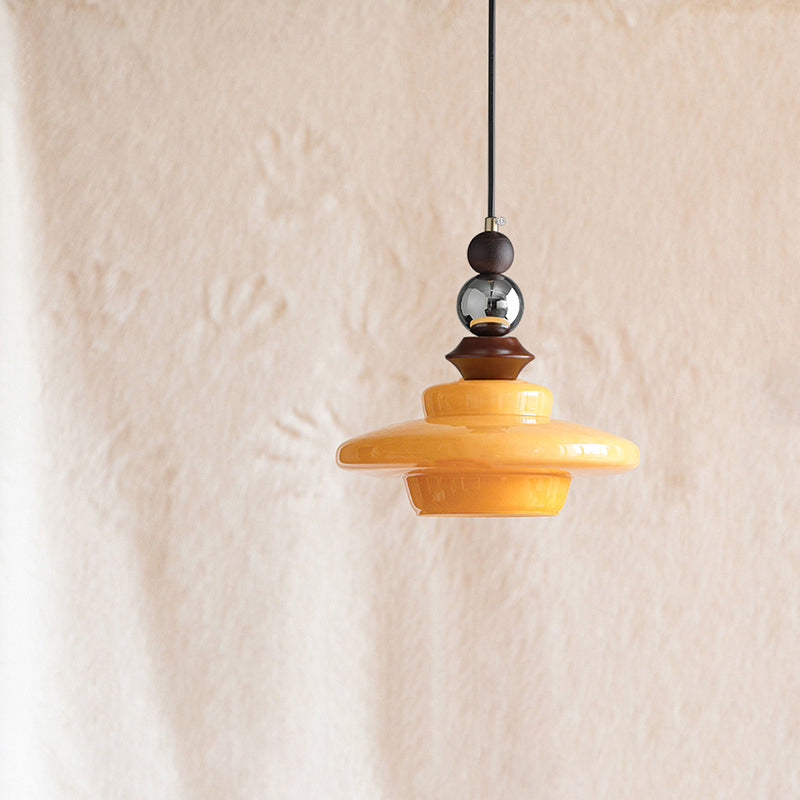 Contemporary Retro Round Disc Orb Solid Wood Glass 1-Light Pendant Light For Living Room