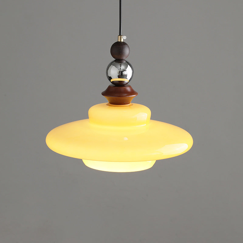 Contemporary Retro Round Disc Orb Solid Wood Glass 1-Light Pendant Light For Living Room