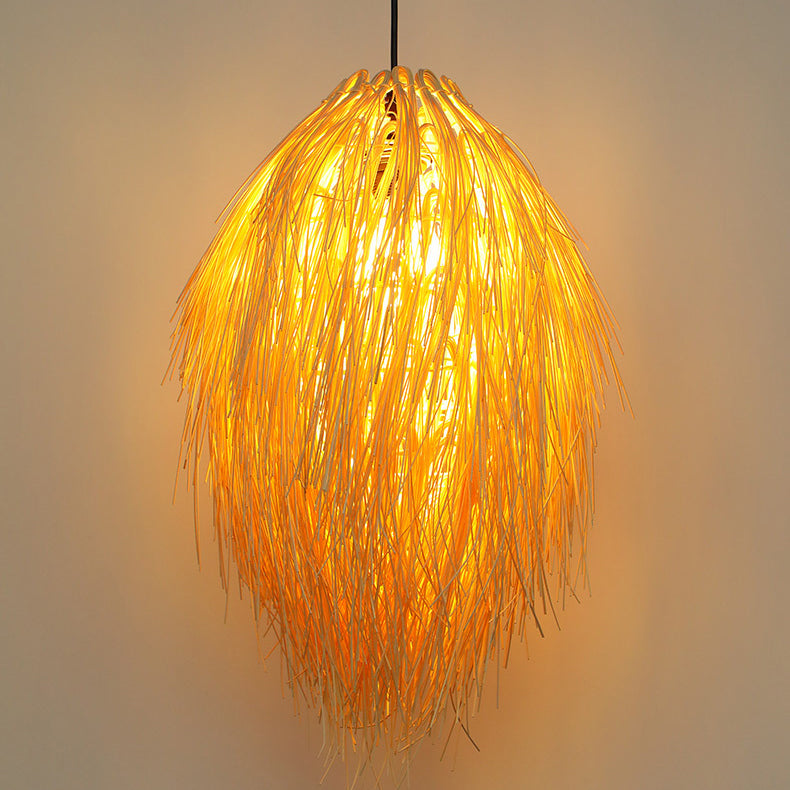 Traditional Chinese Hairball Shape Bamboo Woven 1-Light Pendant Light For Dining Room