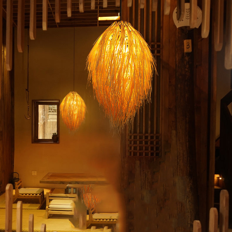 Traditional Chinese Hairball Shape Bamboo Woven 1-Light Pendant Light For Dining Room