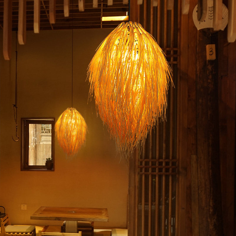 Traditional Chinese Hairball Shape Bamboo Woven 1-Light Pendant Light For Dining Room