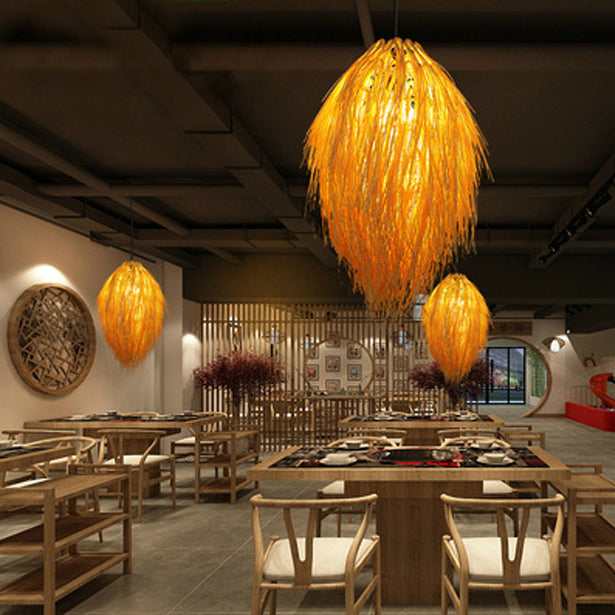 Traditional Chinese Hairball Shape Bamboo Woven 1-Light Pendant Light For Dining Room