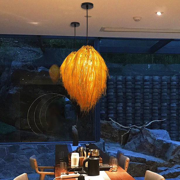 Traditional Chinese Hairball Shape Bamboo Woven 1-Light Pendant Light For Dining Room