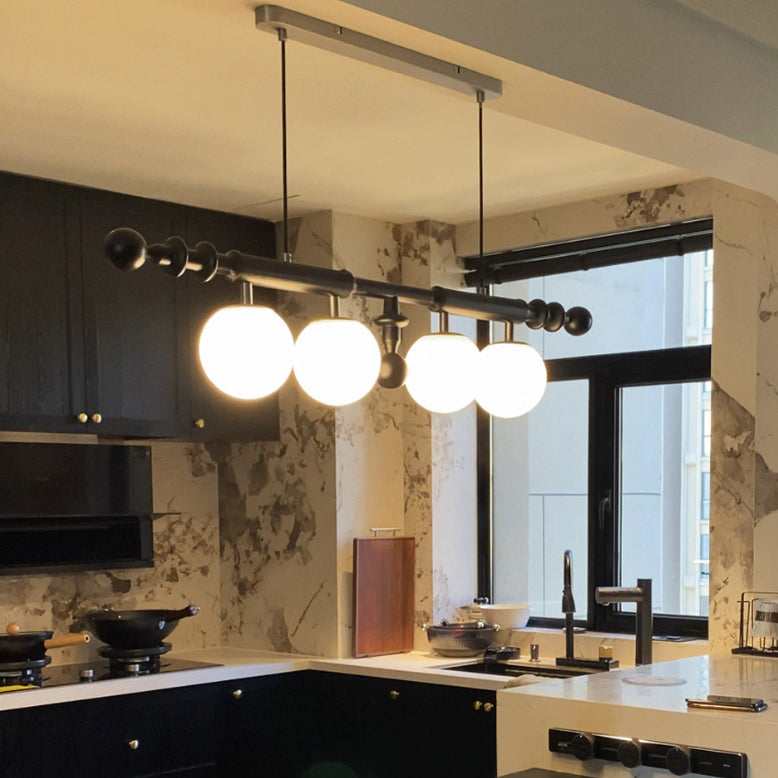 Traditional French Long Pole Round Globe Ash Wood Glass 4-Light Island Light Chandelier For Dining Room