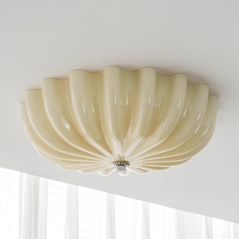 Contemporary Nordic Cream Round Stripe Hardware Glass LED Flush Mount Ceiling Light For Living Room