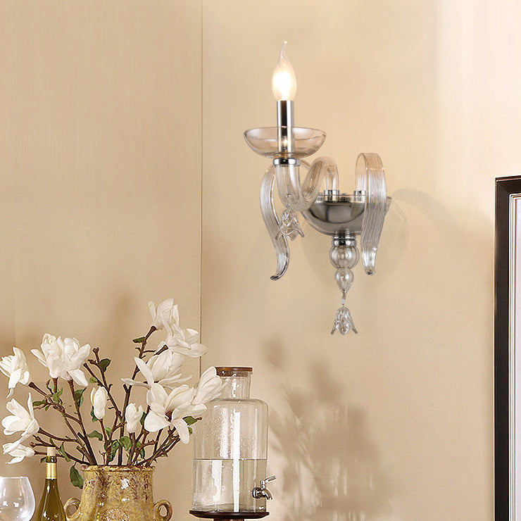 Traditional European Leaf Candle Holder Hardware Frame Glass Shade 1-Light Wall Sconce Lamp For Living Room