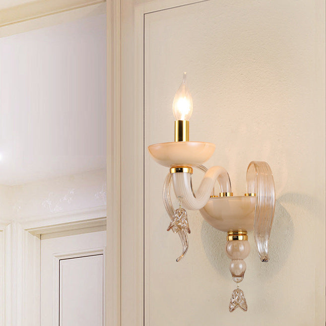Traditional European Leaf Candle Holder Hardware Frame Glass Shade 1-Light Wall Sconce Lamp For Living Room