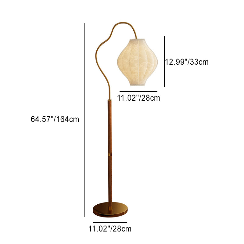 Traditional Vintage Curved Fishing Rod Hardware Frame Patterned Fabric Shade 1-Light Standing Floor Lamp For Living Room