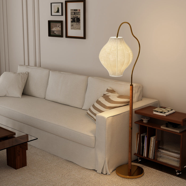 Traditional Vintage Curved Fishing Rod Hardware Frame Patterned Fabric Shade 1-Light Standing Floor Lamp For Living Room