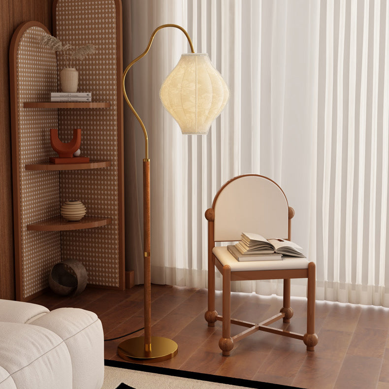 Traditional Vintage Curved Fishing Rod Hardware Frame Patterned Fabric Shade 1-Light Standing Floor Lamp For Living Room
