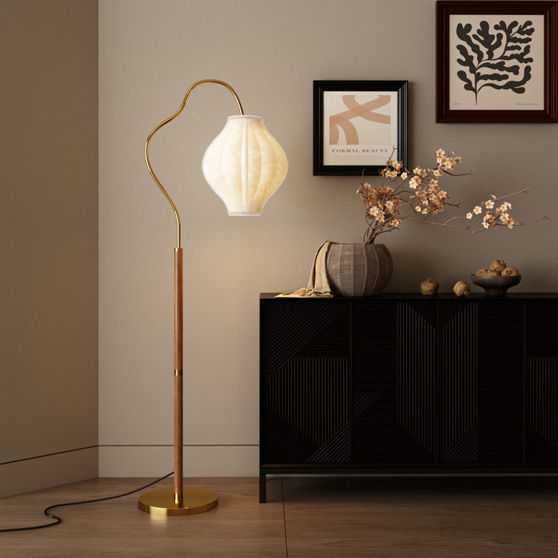 Traditional Vintage Curved Fishing Rod Hardware Frame Patterned Fabric Shade 1-Light Standing Floor Lamp For Living Room