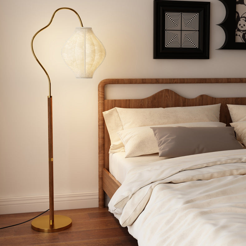 Traditional Vintage Curved Fishing Rod Hardware Frame Patterned Fabric Shade 1-Light Standing Floor Lamp For Living Room