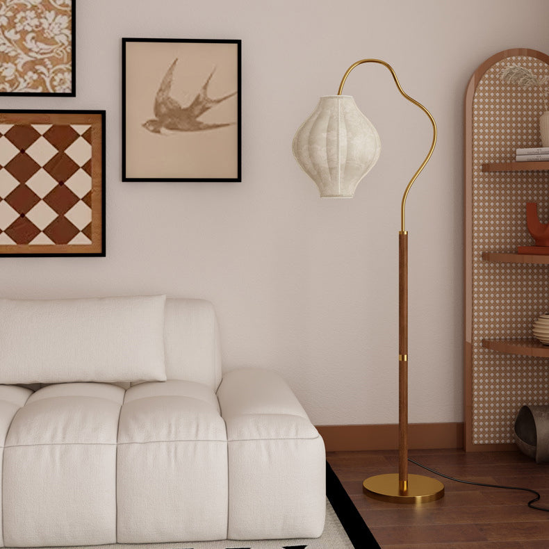 Traditional Vintage Curved Fishing Rod Hardware Frame Patterned Fabric Shade 1-Light Standing Floor Lamp For Living Room