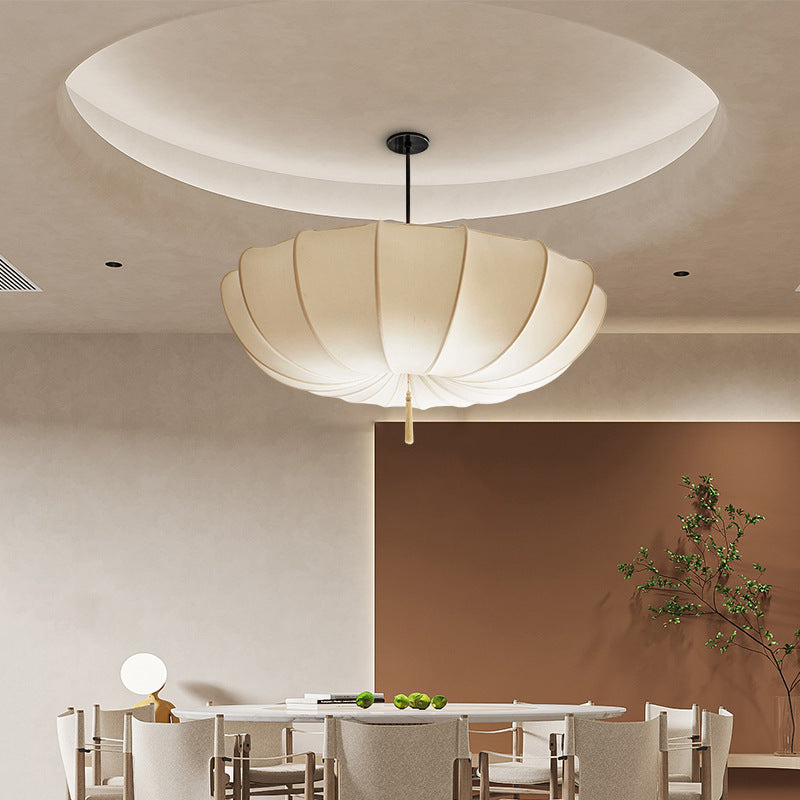 Traditional Japanese Round Iron Frame Fabric Shade 3/5 Light Chandelier For Living Room