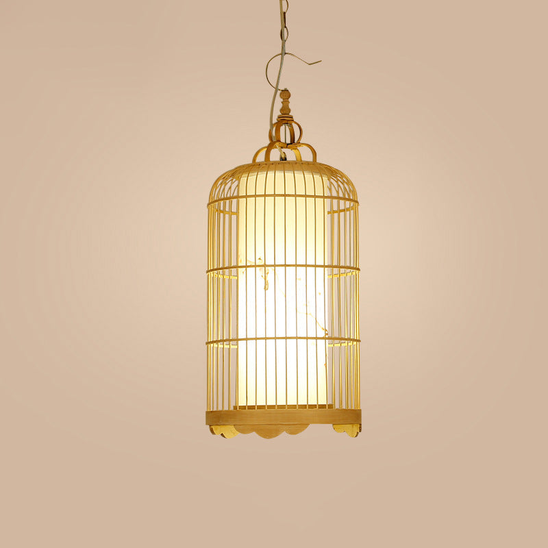 Traditional Chinese Cylinder Birdcage Bamboo Woven Solid Wood 1-Light Pendant Light For Dining Room