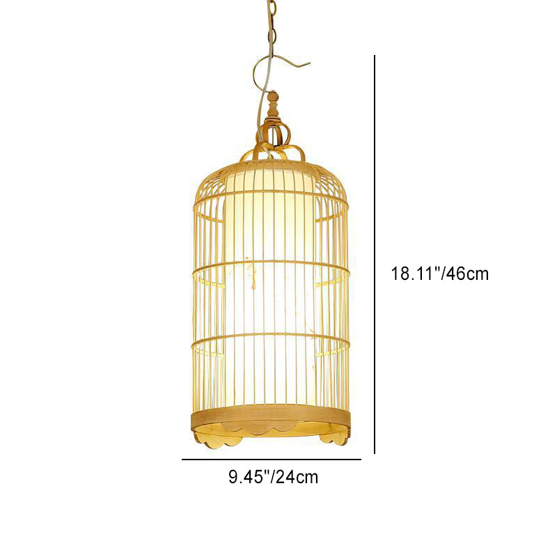 Traditional Chinese Cylinder Birdcage Bamboo Woven Solid Wood 1-Light Pendant Light For Dining Room