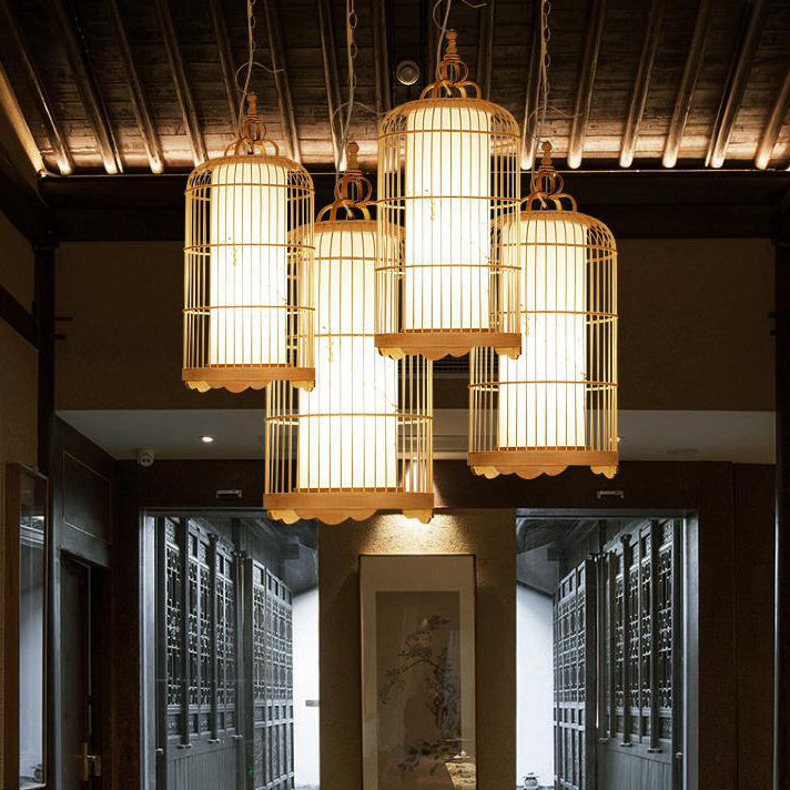 Traditional Chinese Cylinder Birdcage Bamboo Woven Solid Wood 1-Light Pendant Light For Dining Room
