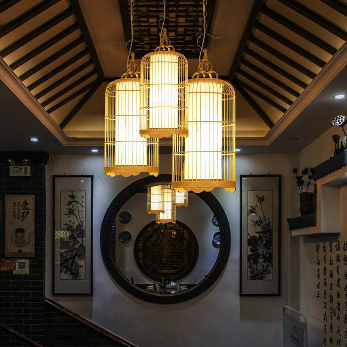 Traditional Chinese Cylinder Birdcage Bamboo Woven Solid Wood 1-Light Pendant Light For Dining Room