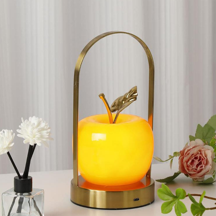 Contemporary Creative Portable Apple Iron Frame Glass Shade LED Table Lamp For Bedroom