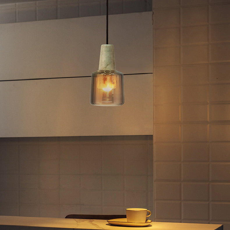 Contemporary Nordic Round Cylinder Marble Glass Shade 1-Light Pendant Light For Living Room