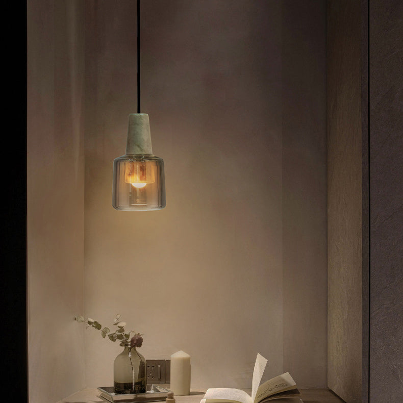 Contemporary Nordic Round Cylinder Marble Glass Shade 1-Light Pendant Light For Living Room