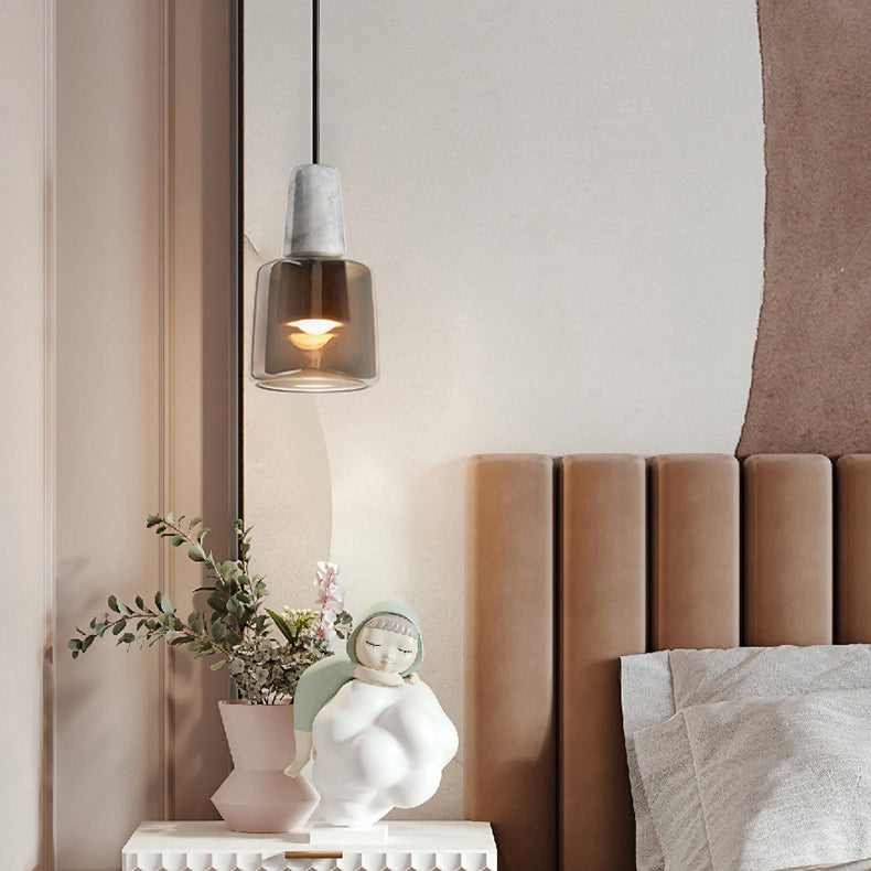 Contemporary Nordic Round Cylinder Marble Glass Shade 1-Light Pendant Light For Living Room