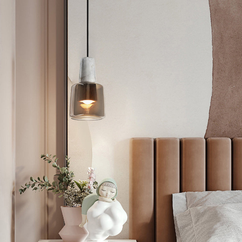 Contemporary Nordic Round Cylinder Marble Glass Shade 1-Light Pendant Light For Living Room