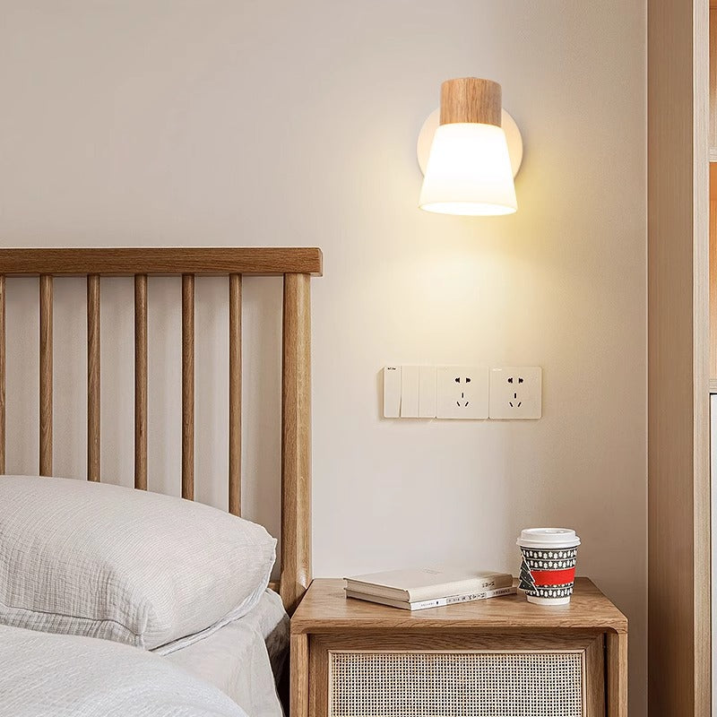Modern Minimalist Cylinder Wood Glass Shade 1/2 Light Wall Sconce Lamp For Bedroom