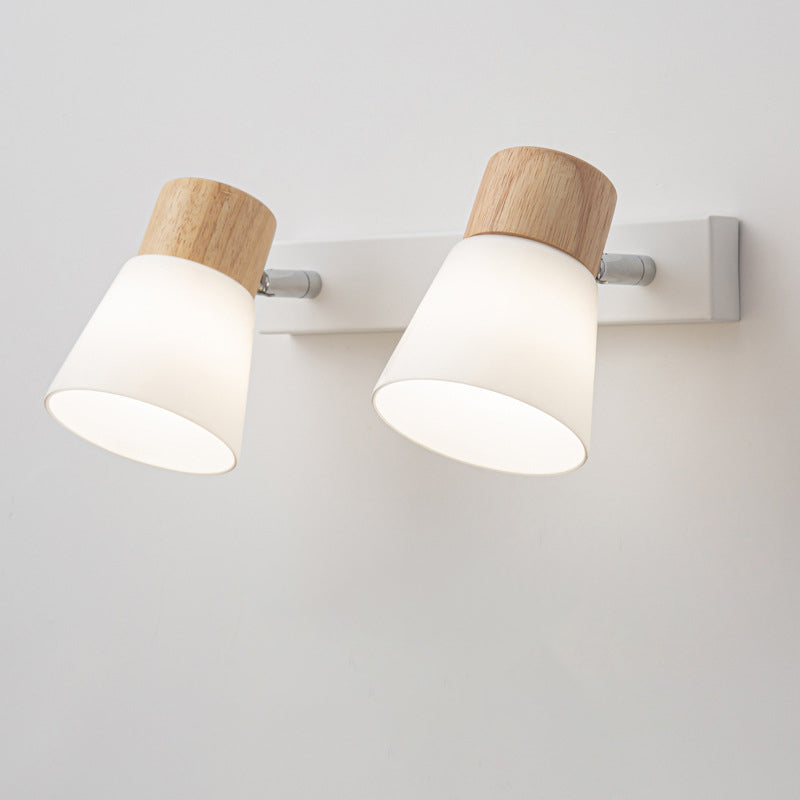 Modern Minimalist Cylinder Wood Glass Shade 1/2 Light Wall Sconce Lamp For Bedroom