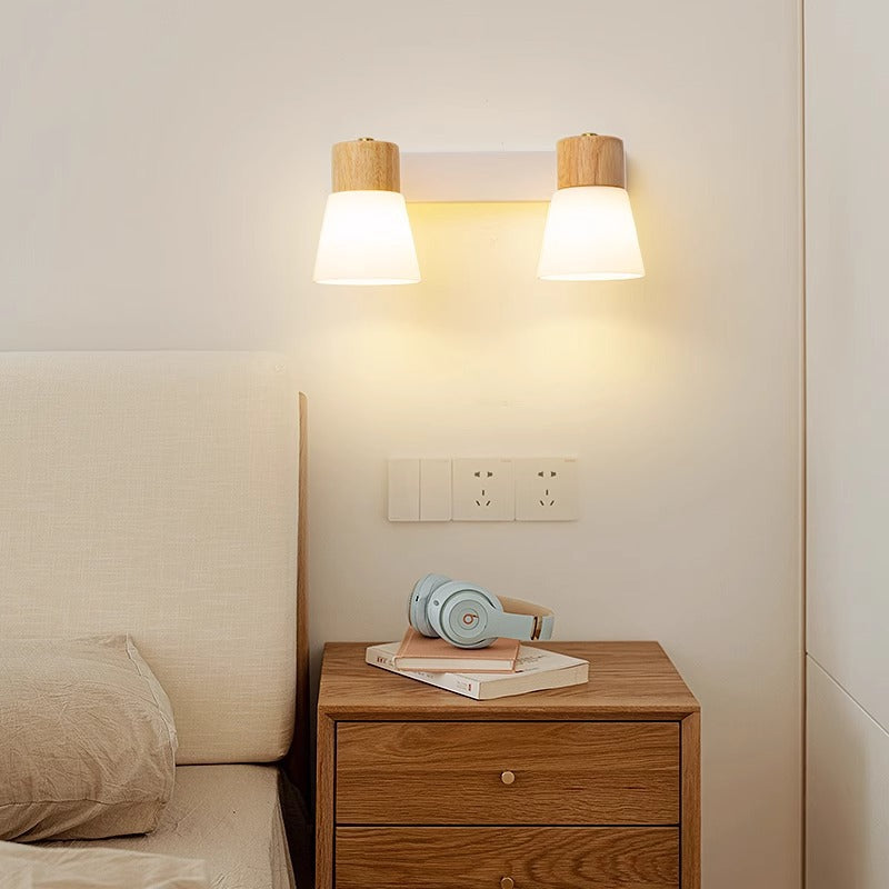 Modern Minimalist Cylinder Wood Glass Shade 1/2 Light Wall Sconce Lamp For Bedroom