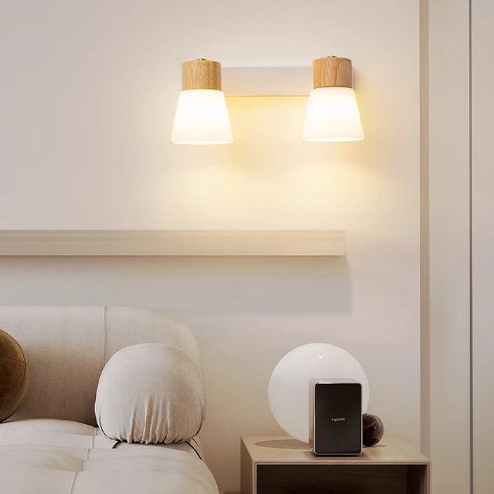 Modern Minimalist Cylinder Wood Glass Shade 1/2 Light Wall Sconce Lamp For Bedroom
