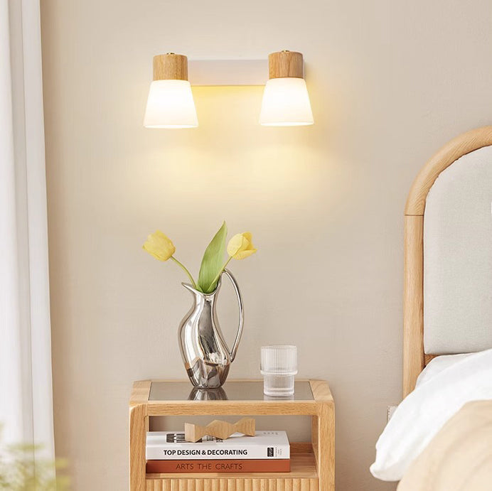 Modern Minimalist Cylinder Wood Glass Shade 1/2 Light Wall Sconce Lamp For Bedroom