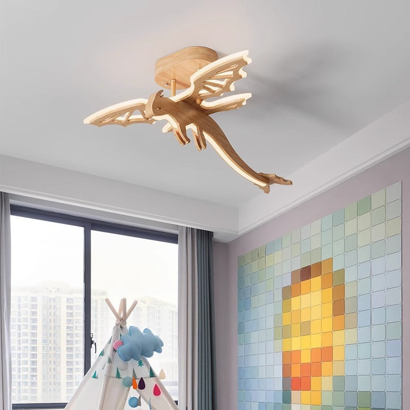Contemporary Creative Kids Dinosaur Solid Wood Acrylic LED Semi-Flush Mount Ceiling Light For Bedroom