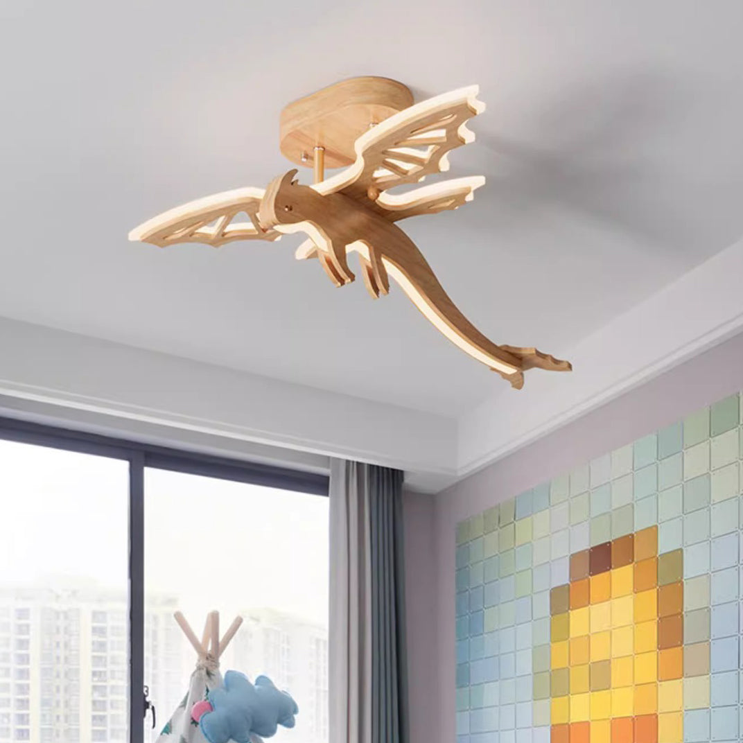 Contemporary Creative Kids Dinosaur Solid Wood Acrylic LED Semi-Flush Mount Ceiling Light For Bedroom