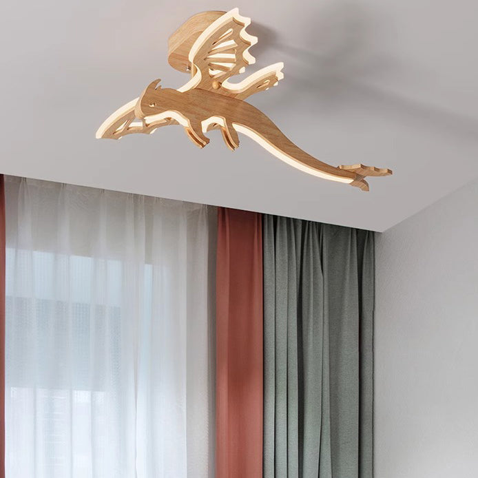 Contemporary Creative Kids Dinosaur Solid Wood Acrylic LED Semi-Flush Mount Ceiling Light For Bedroom