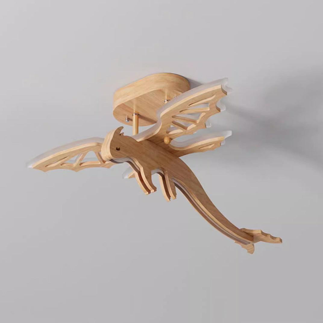 Contemporary Creative Kids Dinosaur Solid Wood Acrylic LED Semi-Flush Mount Ceiling Light For Bedroom
