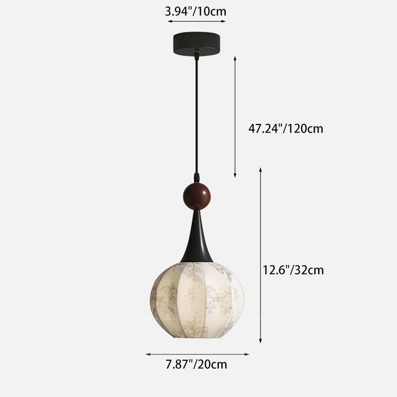Traditional French Globe Original Wood Floral Fabric Shade 1-Light Pendant Light For Living Room