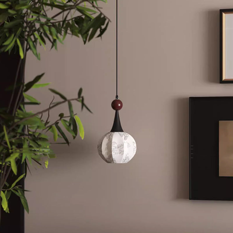 Traditional French Globe Original Wood Floral Fabric Shade 1-Light Pendant Light For Living Room