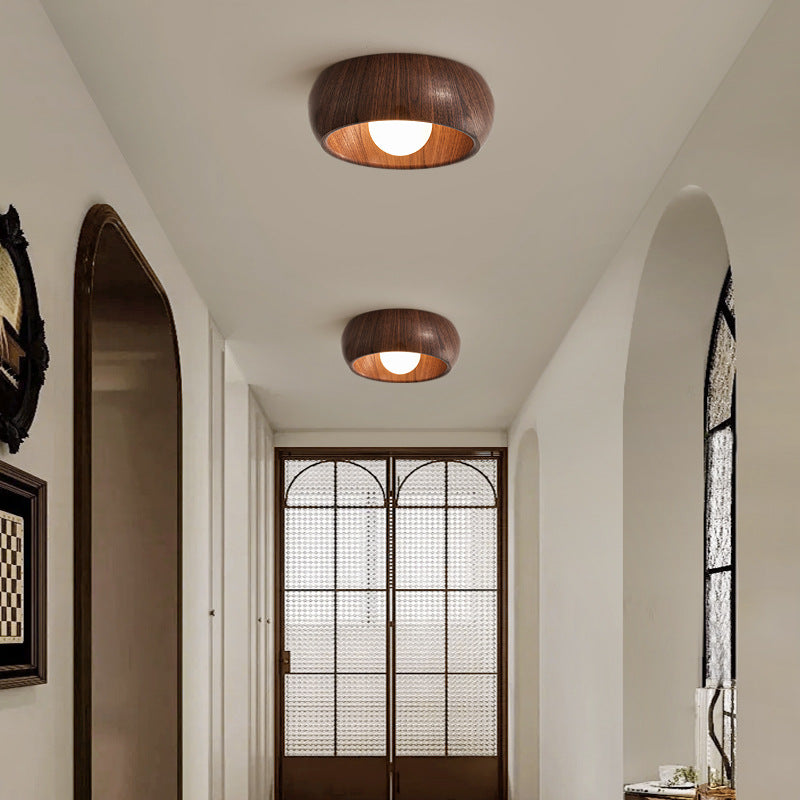 Modern Minimalist Round Wood Grain Globe Iron LED Flush Mount Ceiling Light For Living Room